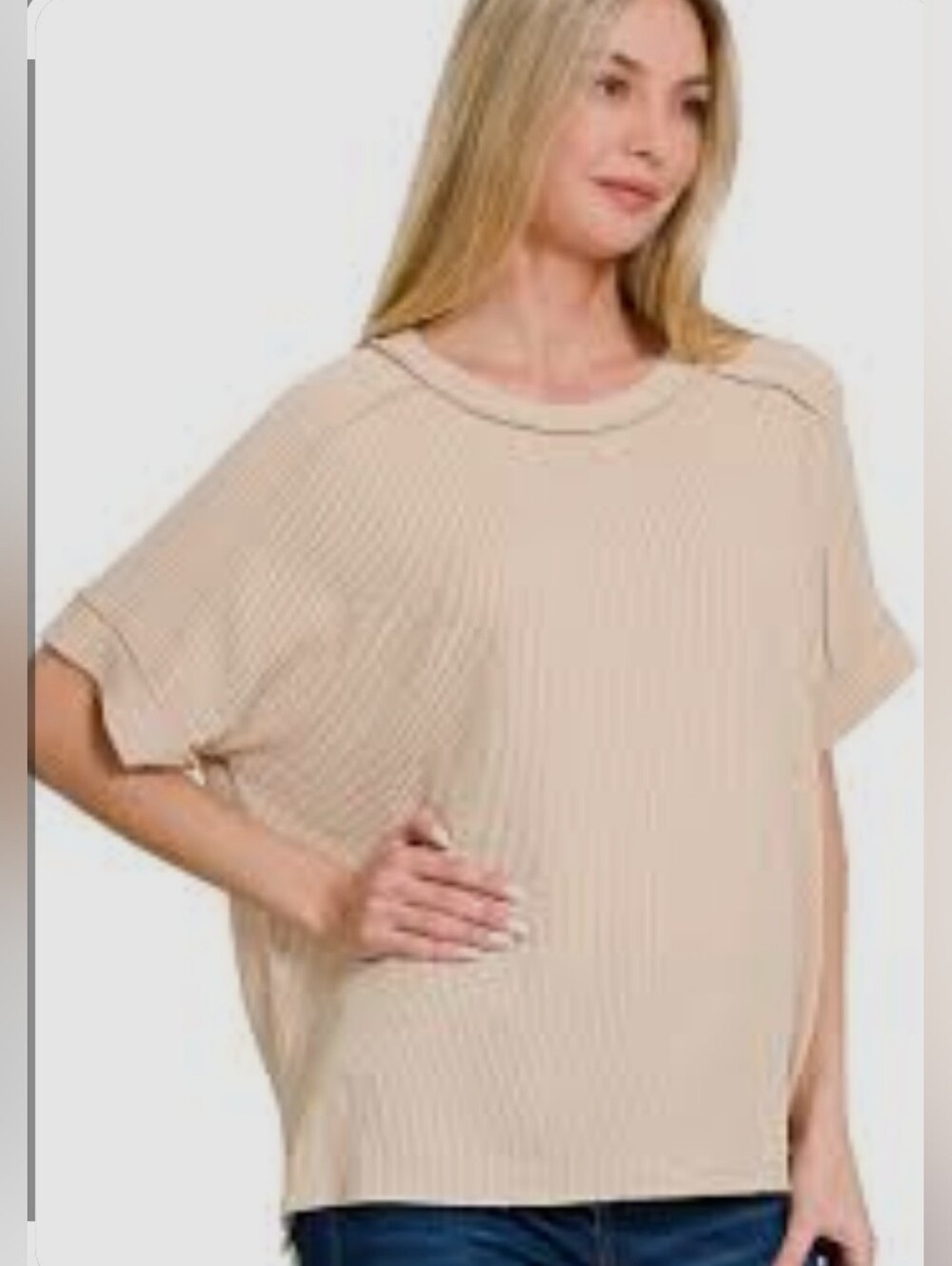 Andree By Unit Cozy Waffle Knit Oversized Top in Light Beige Size M/ L